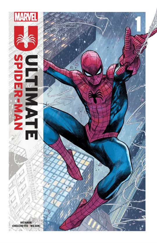 Ultimate Spider-Man 2024 | The Outerhaven Marvel's Ultimate Spider-Man issue #1 cover: Spider-Man swinging through a rainy cityscape, with vertical 'ULTIMATE SPIDER-MAN' title on the left and Marvel logo above.