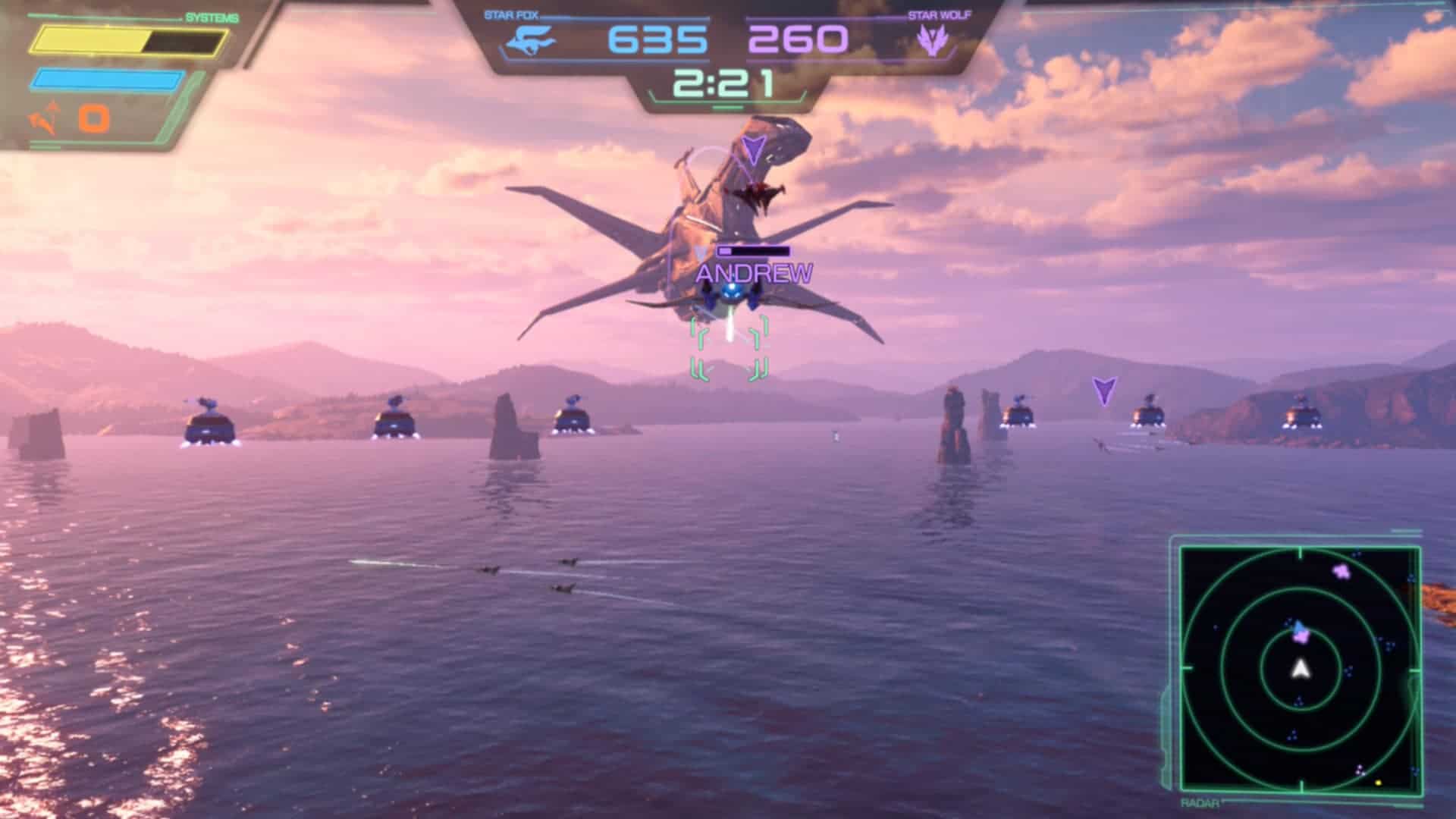 Star fox battle mode corneria | The Outerhaven Gameplay screenshot of Falco shooting Andrew over Corneria in Star Fox
