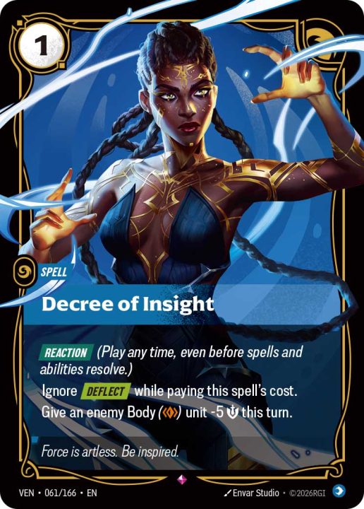 VEN-Rare-CMYKindd | The Outerhaven Card art: female sorceress with glowing gold markings, blue outfit, dynamic pose, Decree of Insight card edge visible.