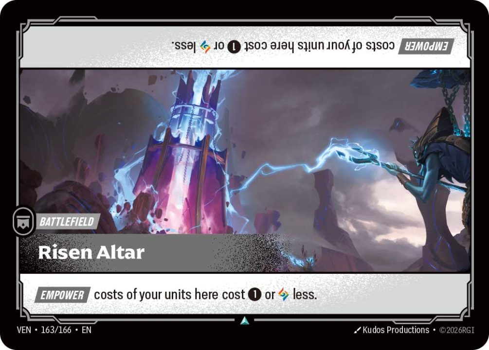 VEN-163-Risen Altar-U | The Outerhaven In-game battle card titled 'Risen Altar' showing a glowing blue-pink fortress with a spellcaster on the right firing lightning; bottom text references costs.