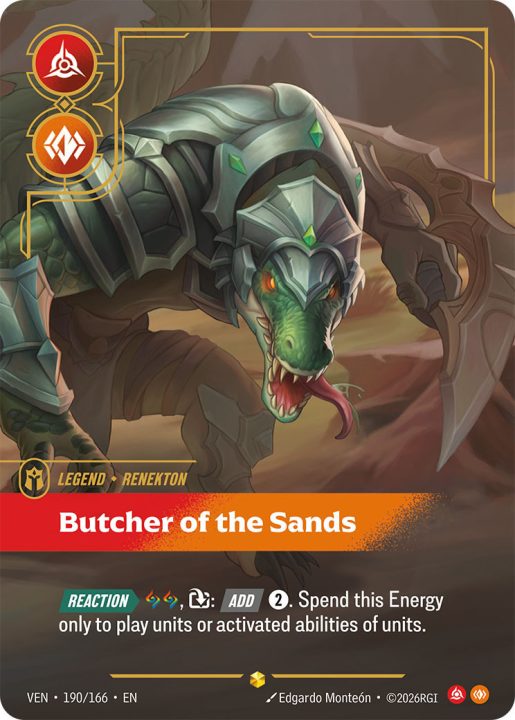VEN-190-Butcher of the Sands-OVN-FIN | The Outerhaven Card art for 'Butcher of the Sands': a green, armored reptilian creature with glowing orange eyes in a desert battlefield, framed by a gold border.