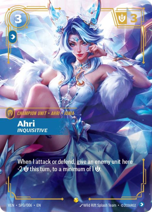 VEN-SPindd | The Outerhaven Artwork of a blue-haired female mage in icy white armor on a crystal throne, card titled'Ahri Inquisitive' from Wild Rift.