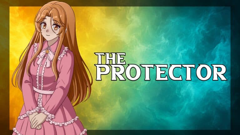 Vol_3_Adora_Promotion | The Outerhaven Anime-style girl in a pink Victorian dress stands with hands clasped, beside the bold title 'THE PROTECTOR' on a yellow–teal gradient background.