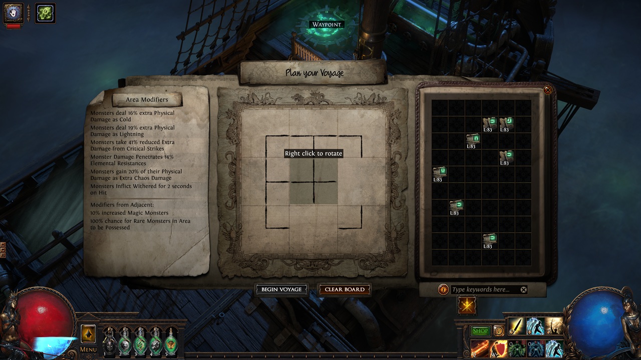 Voyage_UI | The Outerhaven Plan your Voyage screen with a grid map, modifiers list on left, and a waypoint grid on the right in a fantasy ship UI.