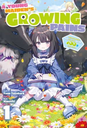 A Young Maiden | The Outerhaven Manga cover featuring a young girl in a blue dress sitting among colorful flowers with a large wolf-like creature beside her; bright green and purple title reads 'A Young Maiden's Growing Pains', volume 1 is indicated in the corner.