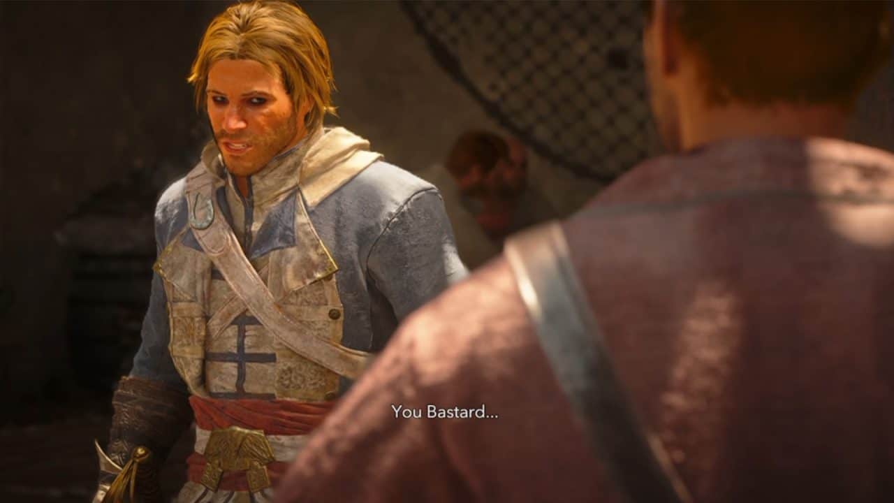 bastard | The Outerhaven Blond man in worn medieval armor confronts another person; subtitle reads 'You Bastard...'.