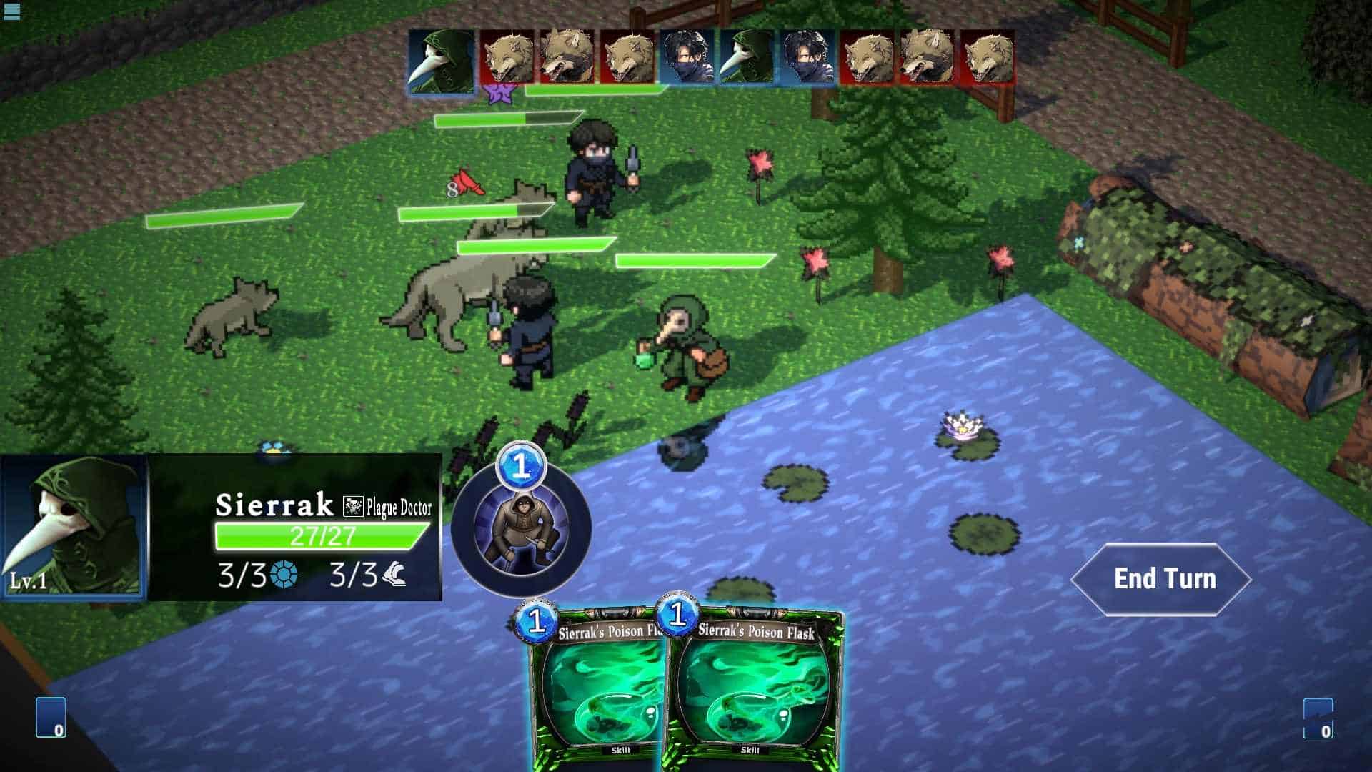 crown-control-screenshots4 Isometric battle scene on grassy terrain with pixel-art characters, green health bars, and action cards along the bottom edge.