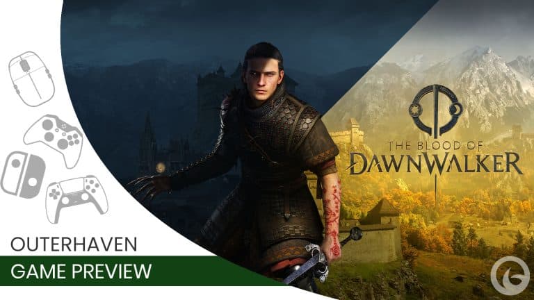 dawn-of-bloodwaker-preview-featured-image | The Outerhaven Promotional game banner for The Blood of Dawnwalker, featuring a armored swordsman with a dark left side and a sunlit mountainous right side; text reads Outerhaven Game Preview.