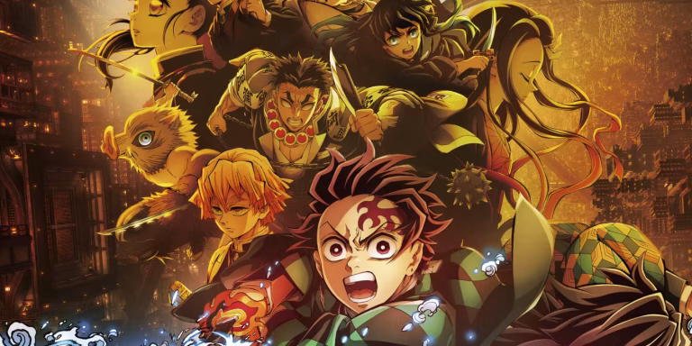 demon-slayer-infinity-castle-part-1-key-visual | The Outerhaven Colorful anime poster featuring Tanjiro and other sword-wielding characters in a fiery cityscape background, ready for battle.