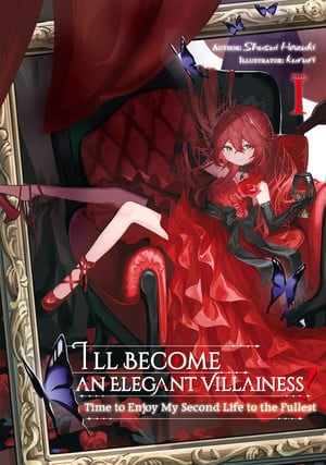 Villainess | The Outerhaven Book cover featuring a red-dressed woman lounging inside a gold ornate frame; title: I'll Become an Elegant Villainess, subtitle about enjoying a second life to the fullest.