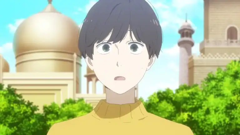 Ikoku Nikki | The Outerhaven Surprised anime boy with short dark hair in a yellow sweater, outdoors with domed buildings behind him.