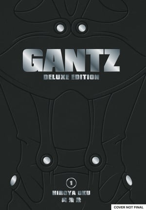 gantz-de-cover | The Outerhaven GANTZ Deluxe Edition manga cover with metallic title text over a dark armored suit silhouette, volume 1 by Hiroya Oku (cover not final).