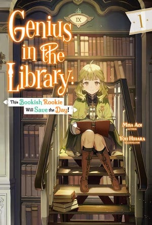 genius-in-the-library-this-booki | The Outerhaven Cover of a light novel titled 'Genius in the Library' showing a blond girl in a green coat sitting on library stairs reading a book.