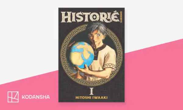 historiepng | The Outerhaven Book cover of Historia by Hitoshi Iwaaki, showing a person holding a globe within an ornate circular frame, on a pink Kodansha promotional background.