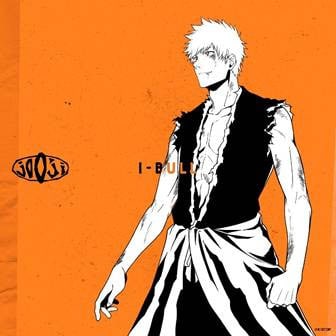 Stylized illustration of a male character with spiky white hair, wearing a sleeveless black vest and sash against an orange background.