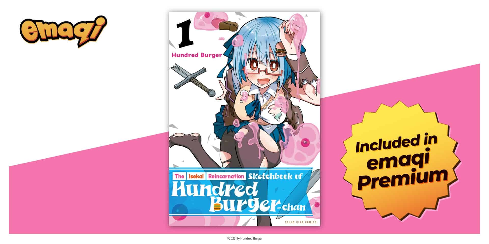 Isekai Reincarnation Sketchbook | The Outerhaven Manga-style book cover featuring a blue-haired girl with glasses amid pink slime and a blue banner reading 'Hundred Burger-chan'