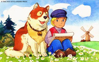 Dog of Flanders | The Outerhaven Boy in a blue cap sits on grass reading a book beside a large brown-and-white dog in a sunny meadow with a windmill in the background.