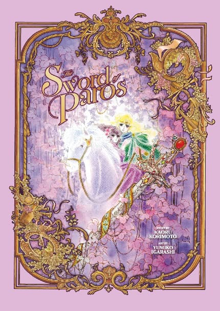 image005 | The Outerhaven Cover of The Sword of Paros: a princess on a white horse wielding a sword, framed by gold ornaments on a purple background.