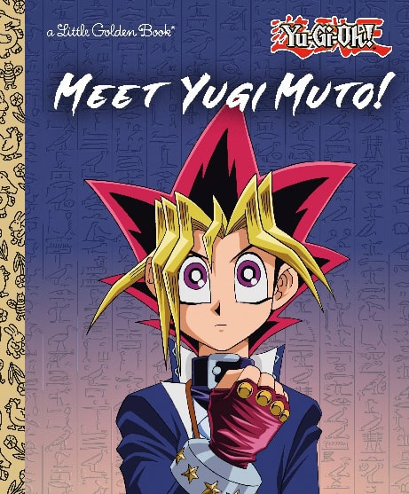 yu-gi-oh | The Outerhaven Book cover: 'Meet Yu-Gi Moto!' featuring Yugi Moto with spiky hair, wearing a blue outfit and glove, holding a card against a blue-purple patterned background.