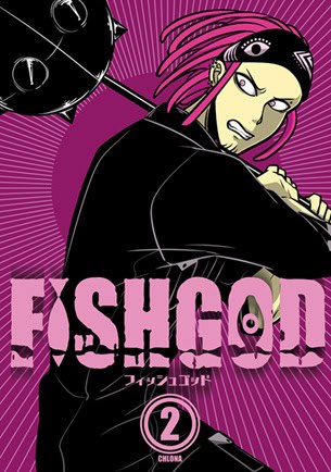 FISHGOD | The Outerhaven Manga-style cover with a serious figure in a black outfit and pink hair, wielding a large hammer against a magenta spiraled background; bold title 'FISHGOD' and the number 2.”