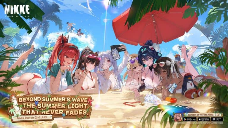 mail3 | The Outerhaven Group of anime-style girls in swimsuits posing on a sunny tropical beach; banner reads 'Beyond Summer's Wave...'.