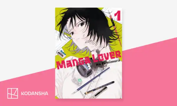 manga-loverpng | The Outerhaven Manga cover titled 'Manga Lover' — issue 1, featuring a pale, young man with black hair and drawing tools set against a yellow background; Kodansha logo in the corner.