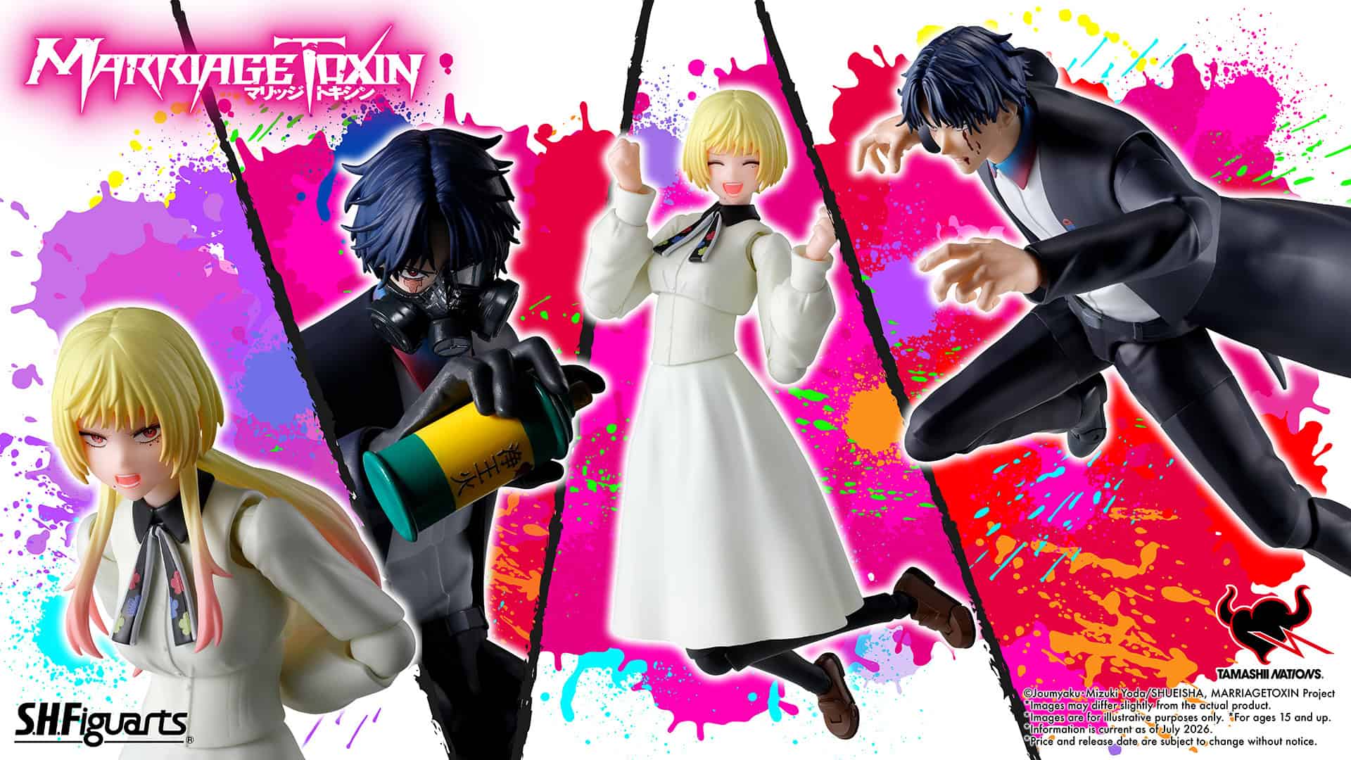 marriagetoxin_AX_1920×1080_0615_2 | The Outerhaven Three action-posed anime figures in white outfits stand against a vibrant paint-splatter backdrop with a bold pink logo in the top left.