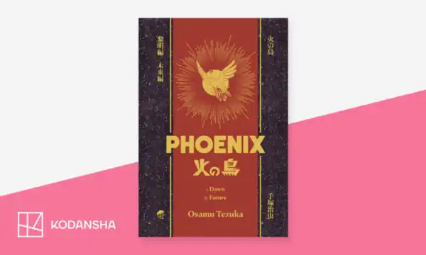 phoenixpng | The Outerhaven Phoenix by Osamu Tezuka book cover: red center panel with a gold phoenix, black side borders, Kodansha logo bottom-left.