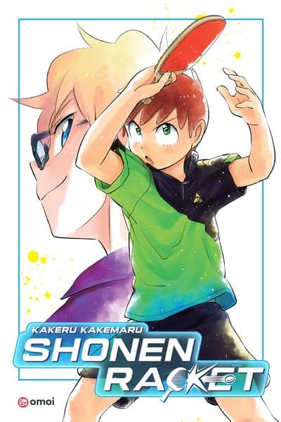 shonen-racket-series-cover-4x-10 | The Outerhaven Cover of Shonen Racket manga featuring a boy in a green shirt serving a table-tennis ball with a paddle, dynamic action pose and a second face in the background.