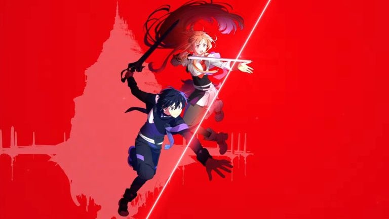 Sword Art Online: Integral Domain Anime Movie Announced Two anime-style fighters, a blonde girl and a dark-haired boy, leap with glowing swords against a vivid red background.