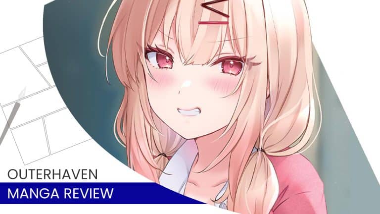 the babe at my back | The Outerhaven Illustrated anime girl with pink hair and red eyes on a curved banner for OuterHaven Manga Review.