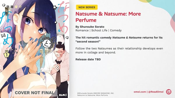 natsume and natsume | The Outerhaven Manga cover split: blue-haired girl on the left with a watermarked 'COVER NOT FINAL', and a right panel with promo text for 'Natsume & Natsume: More Perfume' and series details.