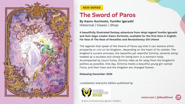 The Sword of Paros | The Outerhaven Book spread: left shows a purple fantasy cover titled 'Sword of Paros' with a gold ornate frame; right features a promotional page for 'The Sword of Paros' with authors Kaoru Kurimoto and Yumiko Igarashi and a descriptive blurb.