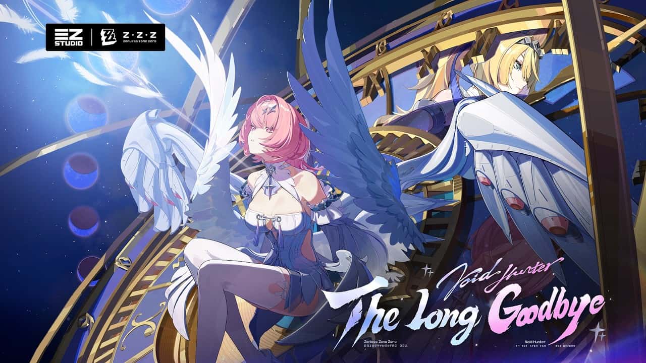 zenless zone zero the long goodbye | The Outerhaven Anime-style poster with two winged women perched on a giant gold clock, starry blue background, and the title 'The Long Goodbye'.