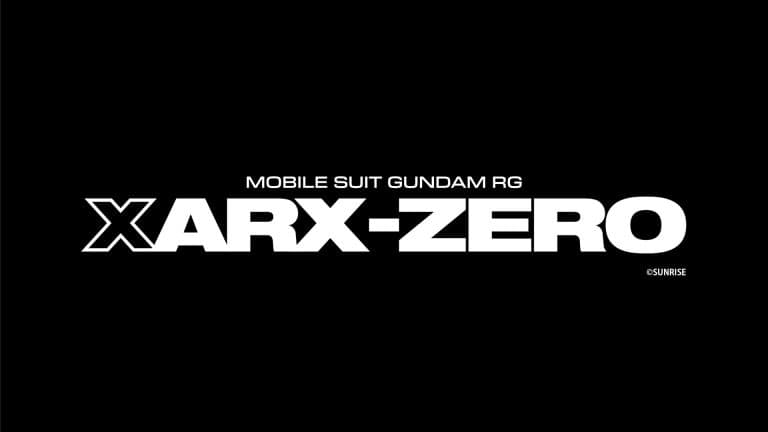 Black banner with white text reading “MOBILE SUIT GUNDAM RG” above and a very large “XARX-ZERO”; small ©SUNRISE text in the bottom-right.