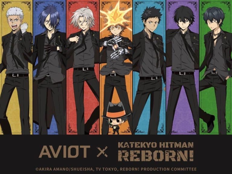 REBORN | The Outerhaven Eight characters in black suits stand in front of vertical, color-coded panels on a promotional poster for AViOT x Katekyo Hitman Reborn!