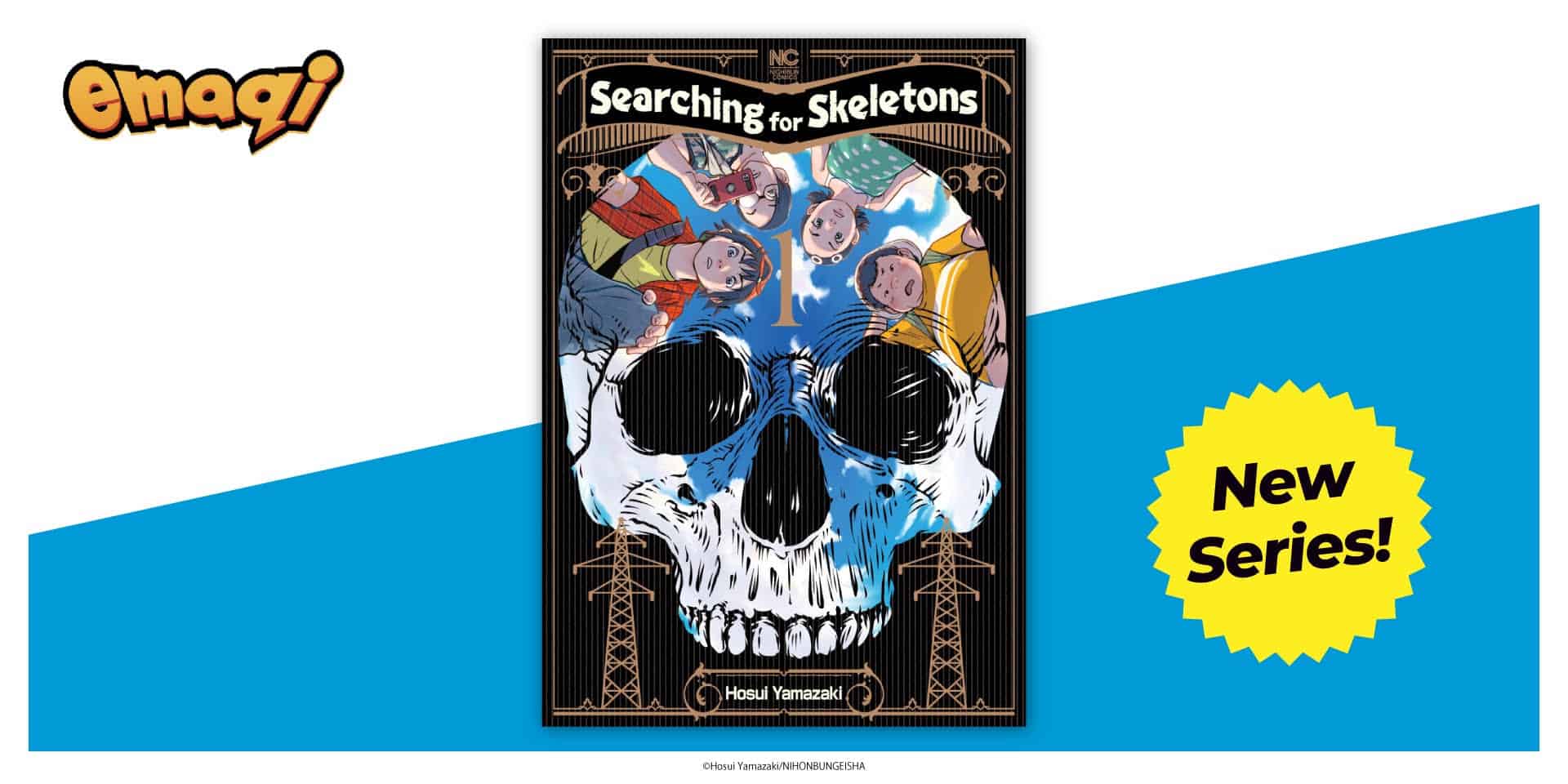 SSearching for Skeletons | The Outerhaven Cover for 'Searching for Skeletons' showing a large skull illustration with a group of people above it and a yellow 'New Series!' badge on a blue diagonal background.
