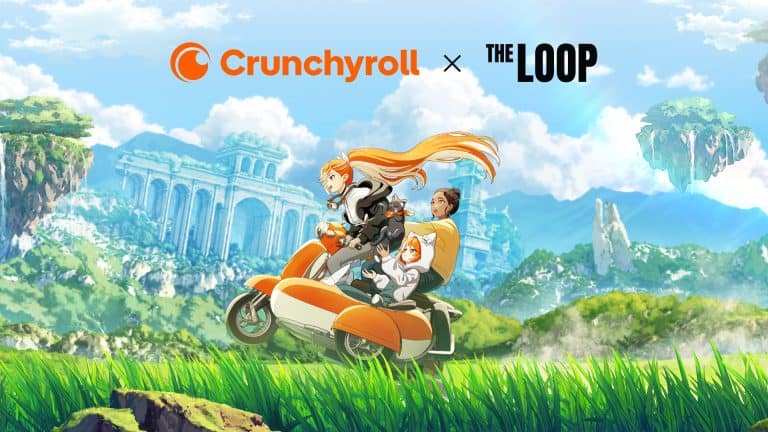 Crunchyroll Loop | The Outerhaven Animated trio on an orange motorcycle riding through a bright, grassy valley with ancient ruins in the background; Crunchyroll × The Loop logo above.