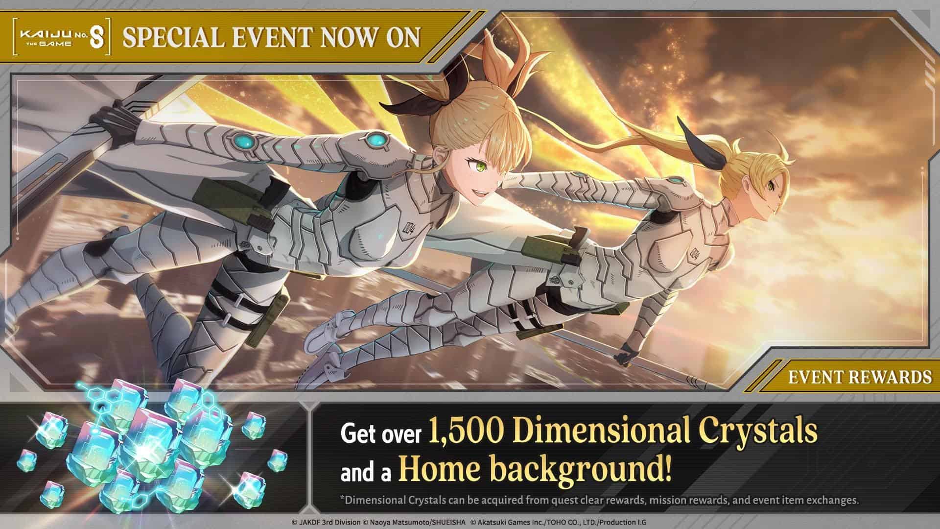 Kaiju No 8 | The Outerhaven Banner promoting a game event: two armored female pilots fly forward as glowing crystals fall, with text 'Special Event Now On'.