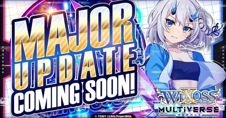WIXOSS | The Outerhaven Banner announcing a major update coming soon for Wixoss Multiverse, with a blue-haired anime character on the right and bold yellow text.