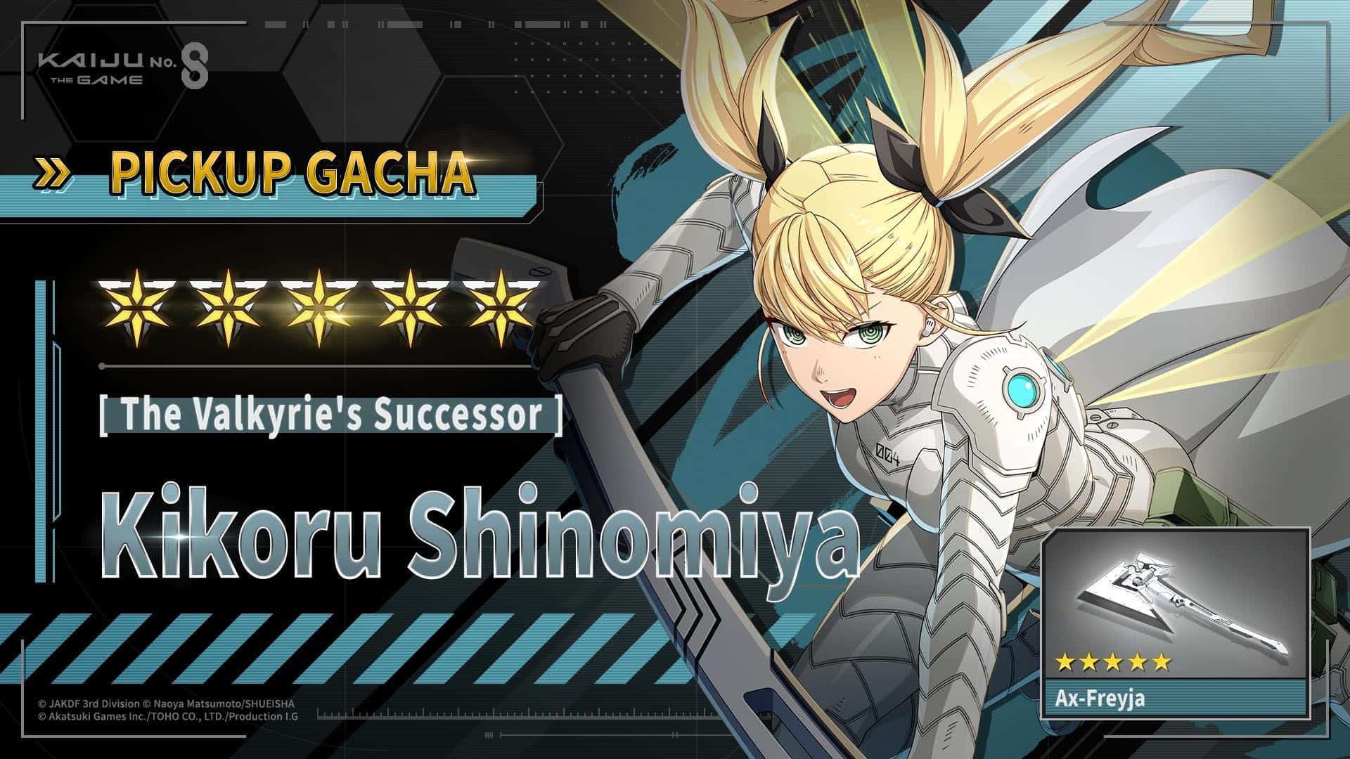 Kaiju No 8 | The Outerhaven Banner for a game pickup; shows a blond armored heroine swinging a weapon with 'PICKUP GACHA' text and five golden stars nearby.