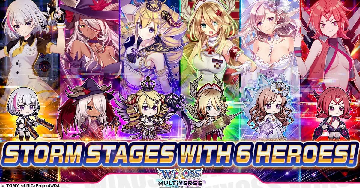 WIXOSS | The Outerhaven Colorful game promo banner with 12 anime-style characters in varied outfits, bold text says 'STORM STAGES WITH 6 HEROES!' and a Wixoss Multiverse logo at the bottom.