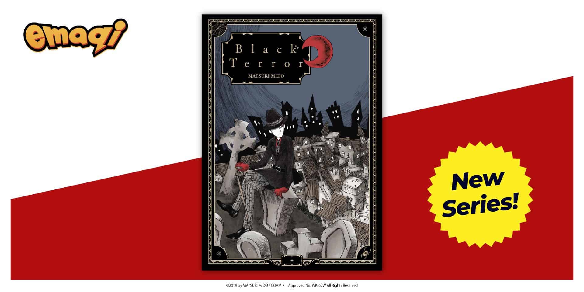 Black Terror | The Outerhaven Promotional banner for a new series showing the 'Black Terror' graphic novel cover, with the emagi logo on the left and a yellow 'New Series!' badge on red background.