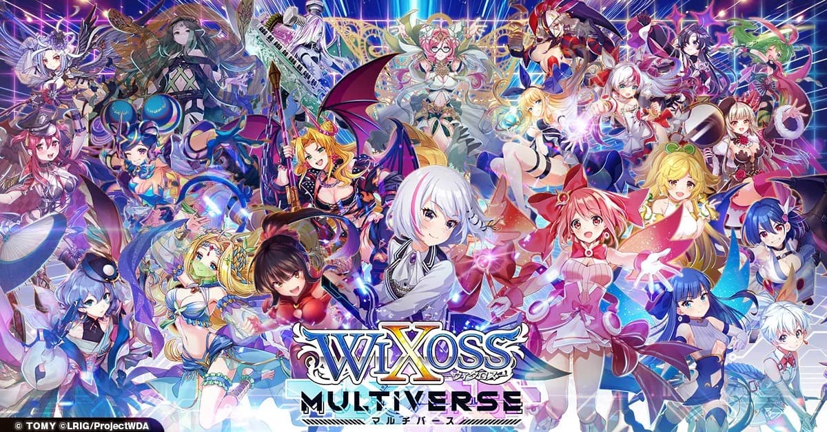 WIXOSS | The Outerhaven Promo collage for WIXOSS Multiverse featuring many colorful anime characters in fantasy outfits, ready for battle.