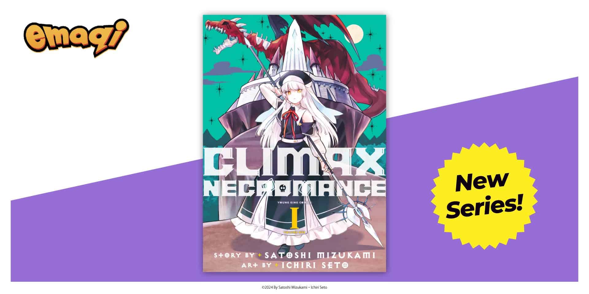 Climax Necromance | The Outerhaven Manga cover featuring a white-haired girl in a knight outfit in front of a castle with a dragon and teal sky; bold title across the middle, with a yellow 'New Series!' badge to the right.