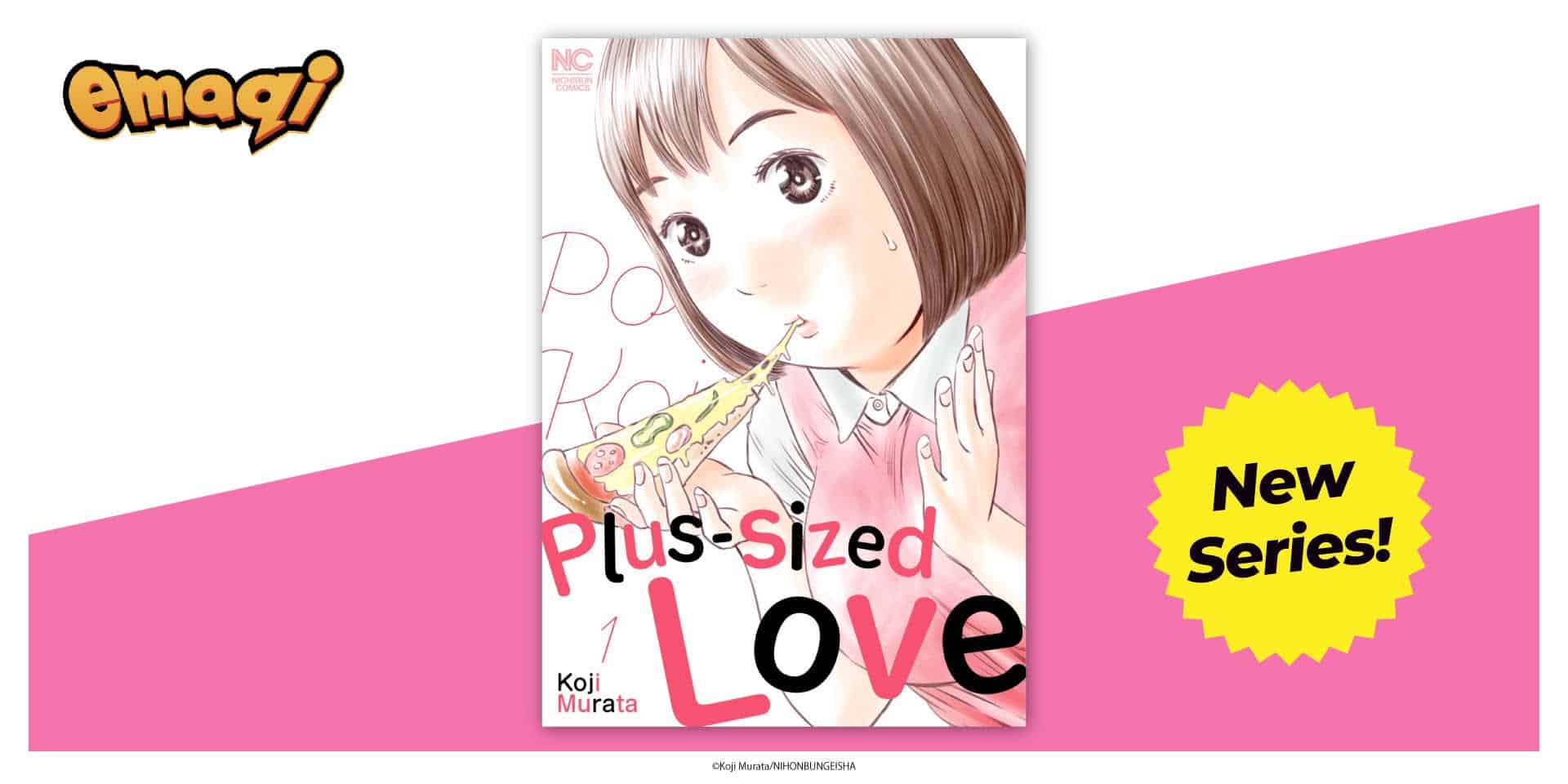 Plus-sized Love | The Outerhaven Manga cover titled 'Plus-Sized Love' showing a girl with short hair eating pizza against a pink background with a 'New Series' badge.
