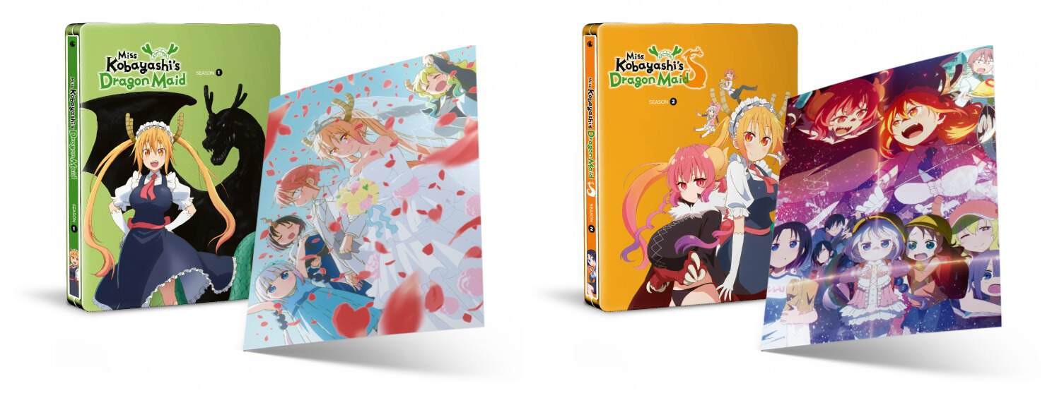 Miss Kobayashi's Dragon Maid | The Outerhaven Two Miss Kobayashi's Dragon Maid DVD boxes (green and orange) with colored art cards beside them.