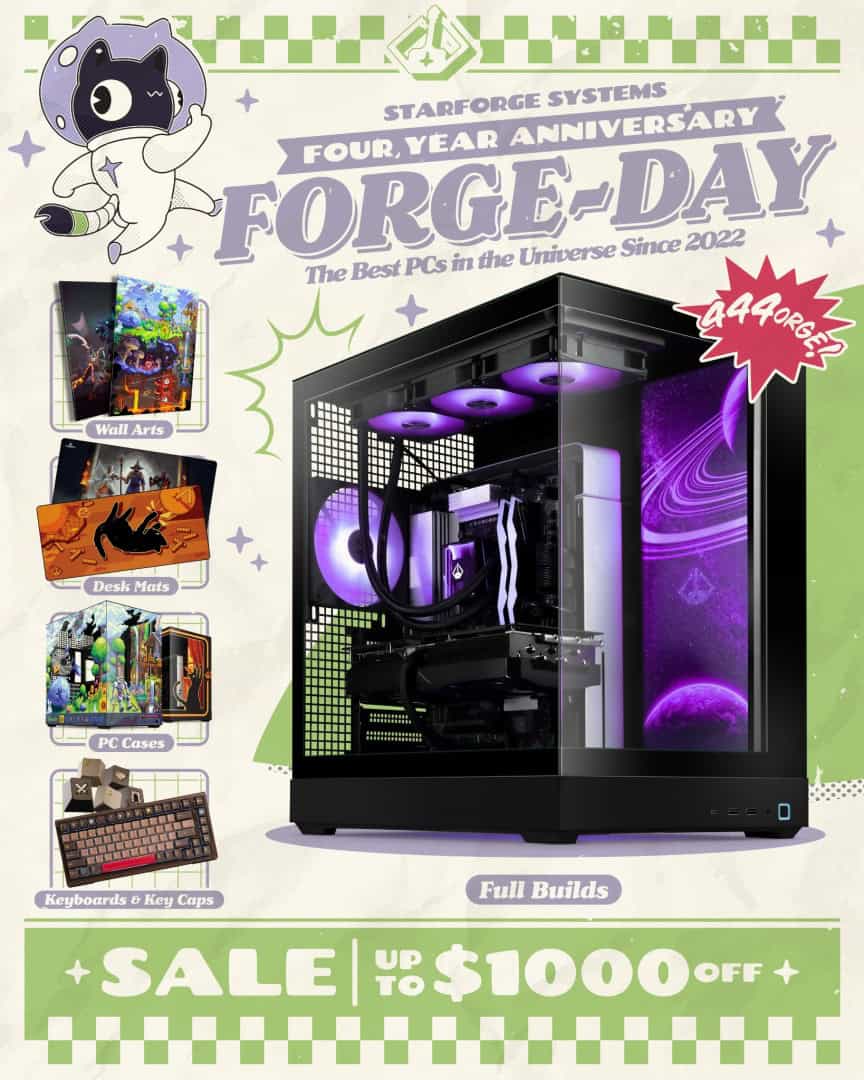 Starforge | The Outerhaven Promotional poster for Starforge Forge-Day featuring a black PC with purple lighting and a space-cat mascot, with sale up to 00 off.