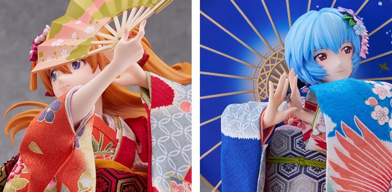 Evangelion | The Outerhaven Two anime-style figurines in colorful kimonos pose with folding fans and parasols/umbrellas.