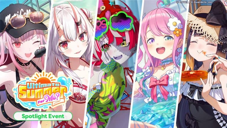 Five anime girls in colorful summer outfits posing across a collage, with the 'Ultimate Summer For Me?' logo and a green 'Spotlight Event' button.